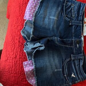 Grane Dark Blue Denim Shorts with Purple Polka Dot Trim